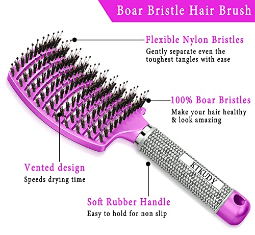 Detangling Brush Boar Bristle Hairbrush for Adult & Kids Wet or Dry Hair - KTKUDY Detangler Hair brush Getting Knots Out without Pain - Adds Shine and Makes Hair Healthier Purple - color: Purple