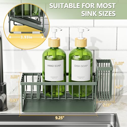 Cisily Sage Green Kitchen Dish Soap Dispenser, 16 fl Oz Dual Kitchen Soap Dispensers with Sponge Holder, Customized Stainless Steel Kitchen Soap Dispenser Set, Modern Hand and Dish Soap Bottle Set - color: Sage Green Sponge Holder + Green Bottle