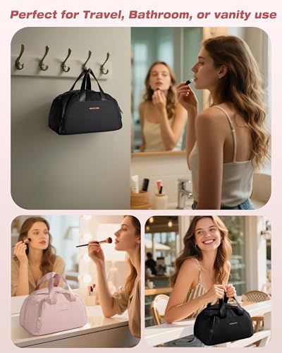 Marscamd ravel Makeup Bag for Women, Lay-Flat Toiletry Organizer, Black | Lay-flat design, waterproof wet & dry pockets, 3-section organization & lightweight carry - color: Black