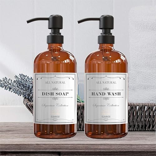 Sunrise Premium 4 Pack Amber Glass Soap Dispenser 16 OZ with Matte Black Stainless Steel Pump, Hand and Dish Soap Dispenser Set for Bathroom and Kitchen Sink with 12 Waterproof Labels - color: Matte Black Ss Pump - Amber Glass 4pc