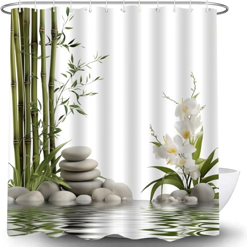 Spa Shower Curtain Green Bamboo White Orchid Stones Calm Nature Polyester Bath Curtain with Hooks, 70x70 Inch - size: 70"W x 70"L (Pack of 1)