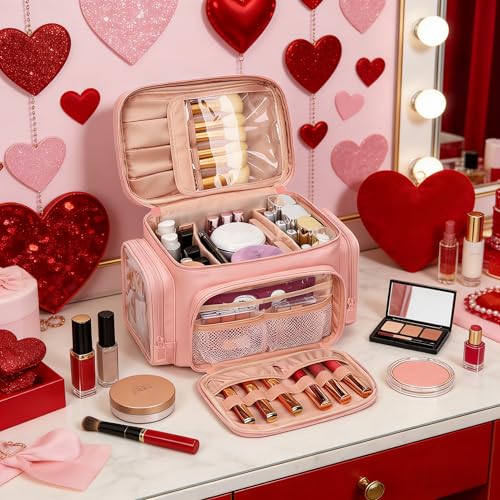 Bagmoly Large Makeup Bag, Portable Travel Makeup Bag Organizer for Women Girls with Makeup Brush Compartment & Two Side Pockets, Cosmetic Travel Bag Vertical Storage Toiletry - Pink - color: 03-Pink, size: Medium