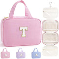 TOPEAST Hanging Toiletry Bag for Women - Travel Toiletry Bag Makeup Bag, Portable Toiletries Cosmetic Bag, Airplane Travel Essentials - Letter T, Pink - color: Pink, style: T
