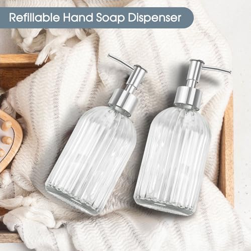 2 Pack Stripe Glass Soap Dispenser with Silver Plastic Pump, 400ml Liquid Hand Soap Dispenser, Rustproof Pump for Kitchen & Bathroom, Great for Lotions, Essential Oil, Liquid Soaps- (Transparent) - color: Transparent, size: Plastic Pump