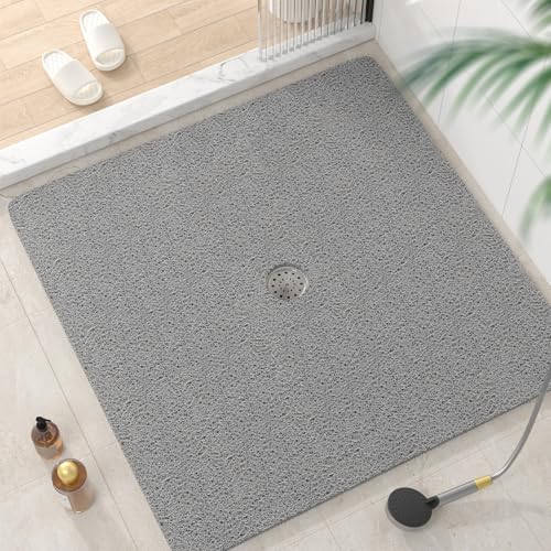 HITSLAM Square Shower Mat, 40 x 40 Inch Non Slip Bath Mat for Tub, Soft PVC Loofah Bathtub Mats with Drain Holes, Quick Drying Bathroom Stall Floor Mat, Bathroom Accessories Without Suction Cup, Grey - color: Grey, size: 40" x 40" (Square)