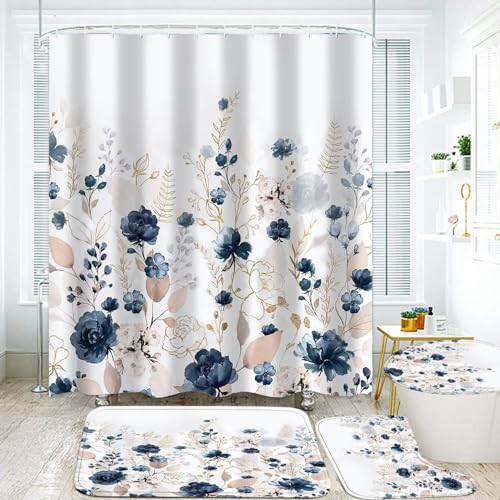 DDQQ Navy Blue Floral Shower Curtain Sets with Rugs 4 Piece Gold Flowers Leaves Bathroom Decor Set with Non-Slip Rugs Toilet Lid Cover and Bath Mat, Home Bathroom Shower Curtain Set with 12 Hooks - color: Navy Blue