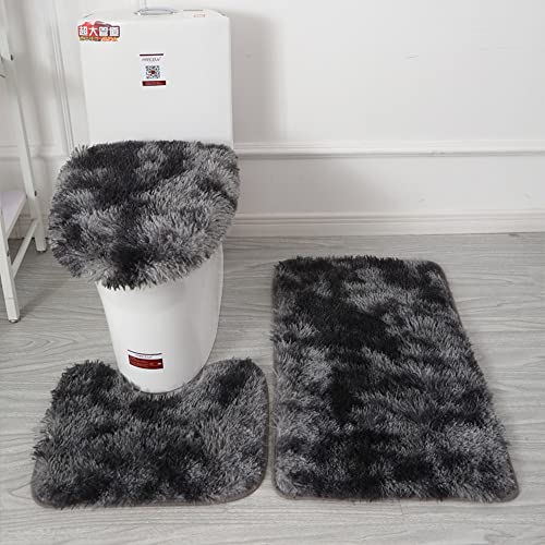 XZJMY 3 Pieces Bathroom Rugs Set,Bath Mat, Non Slip and Absorbent Mats,Floor Mat,U-Shaped Contour Rug and Toilet Lid Cover for Tub Shower & Bath Room,Purple (Black/Grey Mixed Color) - color: Black/Grey Mixed Color