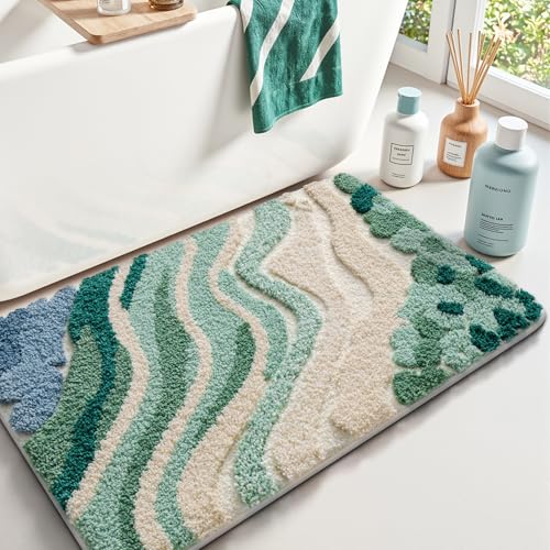 LUMI Beach Bathroom Rug Upgraded, Non Slip Bath Mat Quick Dry, Ultra Soft Washable Absorbent, Ocean Sea Theme Bath Rug for Shower Floor, Home Decor, Kids Room, Bathtub, 20"x32" - color: A-green, size: 20"x32"
