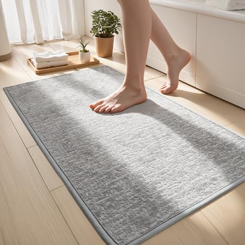 Grey Bathroom Rugs Non Slip Washable Quick Dry Ultra Thin Bath Mat Bathroom Rugs Fit Under Door Low Profile Bath Mat, 17" × 32" - color: Grey, size: Medium(17"x 32")