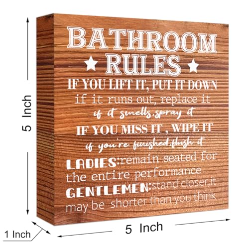 Farmhouse Wood Sign - Bathroom Rules & Decor, Wooden Block Sign for Shelf, Tabletop, Desk - color: Wood Color