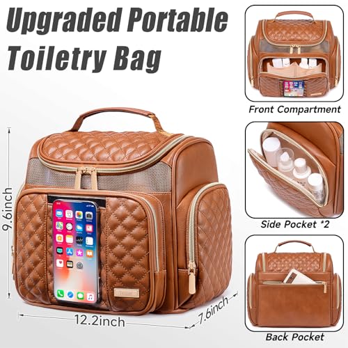 Large Leather Toiletry Bag for Women Men,Bathroom Bag,Water Resistant Shower Bag,Makeup Bag,Portable Shower Caddy for College Dorm,Hanging Travel Toiletry Bag with Transparent Waterproof Phone Pocket - color: Brown Leather-1