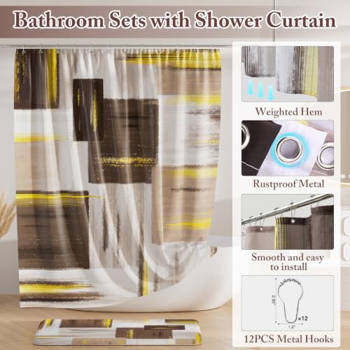 XLHOMO Bathroom Set - Brown Bathroom Accessories Set, Bathroom Sets with Shower Curtain and Rugs, Brown Shower Curtain Set with Bathroom Trash Can, Soap Dispenser, Soap Dish for Home Decor - color: Plaid Brown & Gold, size: Complete Set + Bath Rugs