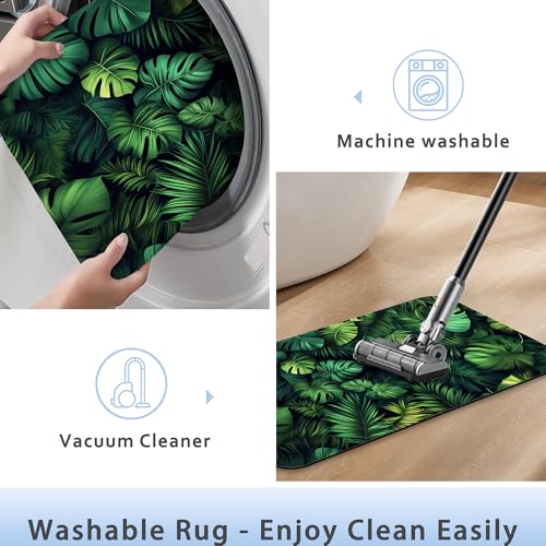 Bathroom Rug 29.5"x17",Green Tropical Palm,Bath Mat with Non-Slip Rubber Backing, Quick-Drying Absorbent Thin Floor Mat for Bathroom, Shower, Sink, or Kitchen - color: Green Tropical Leaves Palm