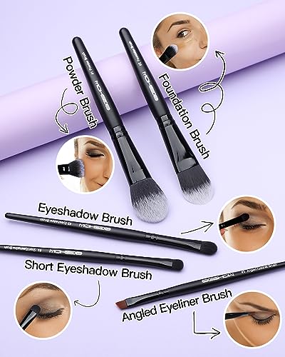 EIGSHOW 5Pcs Everyday Makeup Brush Set for Foundation Powder Eyeshadow Eyeliner, Vegan & Cruelty-Free, Travel Basic Make Up Brushes Kit for Women - Black - color: Black