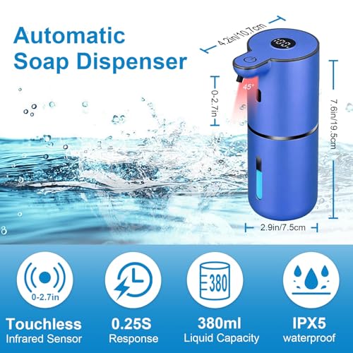 OHIFAST Automatic Liquid Soap Dispenser Touchless, USB Rechargeable Smart Hand Soap Dispenser, 6-Level Adjustable, 12.8oz/380mL Wall Mounted for Bathroom Kitchen Accessories Dish Soap-Blue - color: Blue, style: Liquid