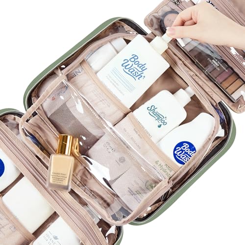 NISHEL Large Double Layer Travel Makeup Bag Women, Cosmetic Case, Organizer for Travel-Size Accessories Bottles, Brushes, Conditioner, and Skin Care Products, Bronze Green - color: Bronze Green, size: Large