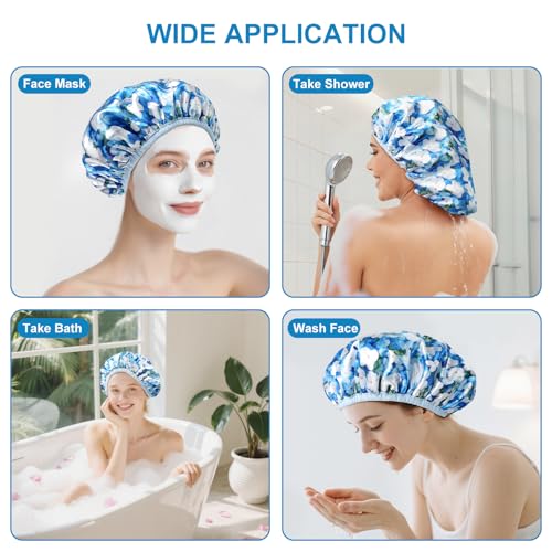 Upgraded Waterproof Terry Shower Caps, Reusable Shower Cap for Women with Long Hair, Soft Absorbent Hair-Protecting Towel Lining Bath Cap, Large Leak-Proof Hair Cap with Fashionable Print Outer-Blue - color: Blue