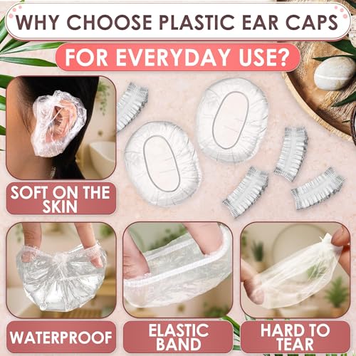 200 Pcs Disposable Ear Covers for Shower, Baths, and Hair Coloring | Lightweight Shower Ear Covers for Showering, Ears Protect from Splashes, Elastic Band that Stretches Up From 1.97" To 4.6"