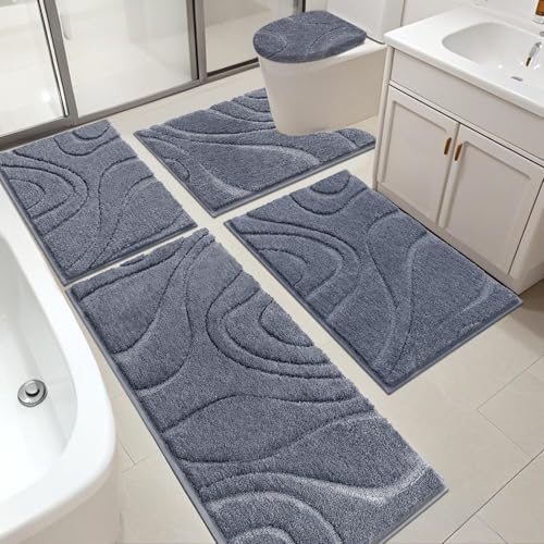 HEBE Bathroom Rugs Sets 5 Piece, Soft Absorbent Microfiber Bath Mat for Bathroom, Non Slip Washable Bath Rug Set with Toilet Cover, Bath Runner and U-Shaped Contour Toilet Rug, Dark Grey - color: Dark Grey, size: 18"x26"+20"x32"+20"x48"+U20"x24"+Cover19"x
