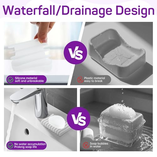2 Pcs Self Draining Silicone Soap Holder - Waterfall Design Soap Dishes for Bathroom, Keeps Soap Bars Dry & Clean,Clear - color: Clear