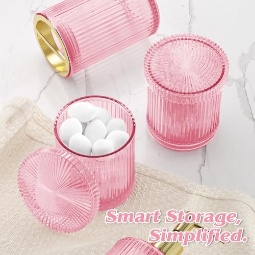 Pink Glass Bathroom Accessories Set 5 Piece, Vintage Ribbed Soap Dispenser, Toothbrush Holder, Tumbler, Qtip Jars, Cute Aesthetic Vanity Organizer for Home, Restroom Countertop Decor - color: Pink, size: 5 Pieces
