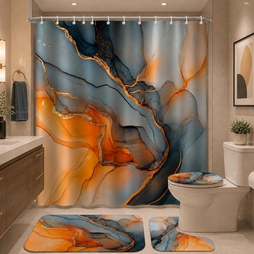 Moonslim 4Pcs Marble Shower Curtain Set, Orange Gold Black Abstract Bathroom Shower Curtain with Rugs and Accessories,Shower Curtains for Bathroom Set Decor - color: Black Gold