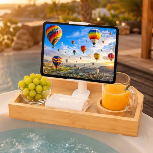 Vespara Bamboo Hot Tub Table with Adjustable Phone Holder, Non Slip Hot Tub Table Spa Gift for Women, Bathtub Canddy Tray with Wine Glass Holder for Luxury Bathtub Bathroom Accessories (Natural) - color: Natural