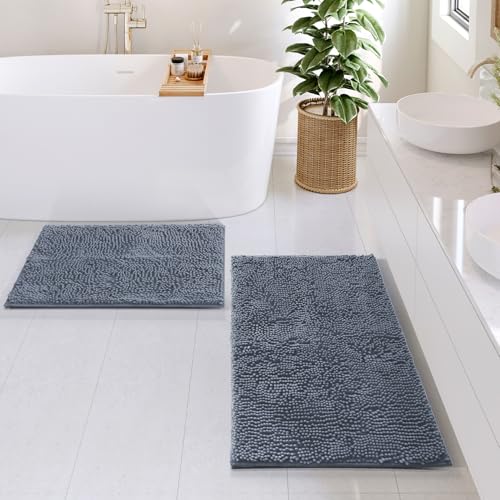 Hearth & Harbor Bathroom Rugs, Chenille Bath Mat - Machine Washable Bath Mats for Bathroom Non-Slip Backing Rubber, Quick Dry Bathroom Mat, 17 x 24 + 20 x 32 - Stone Blue - color: Stone Blue, style: 17 x 24 + 20 x 32