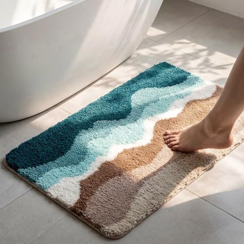 Breling Bath Mat Set of 2 Ocean Beach Teal Fluffy Absorbent Microfiber Rugs Non Slip Bath Mats for Bathroom Floor Tub and Shower, Washable, Ultra Soft, Quick Dry (32 x 20 Plus 24 x 17 - Inches) - style: Ocean Beach