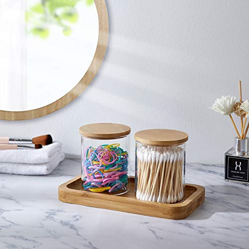 INIUNIK Qtip Holder with Bamboo Vanity Tray, Glass Apothecary Jars with Lids, Cotton Ball Swab Pad Rounds Holder Bathroom Canister Jars for Bathroom Restroom Decorations and Organizer - size: 2 Pack with Tray