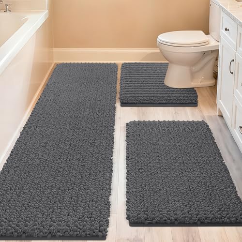 ACCUMTEK Upgrade Extra Large Grey Bathroom Rug Set 3 Pieces Gray Ultra Soft, Thick Absorbent Bath Mats, Non Slip Chenille Toilet Mat for Bathroom, Bedroom, Kitchen, Charcoal - color: Dark Gray, size: 48"x20"+24"x17"+U Shape24"x20"