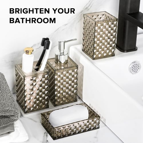 RYTOXILO Brown Bathroom Accessories Set, 4 Pack Acrylic Bath Accessory Sets Complete, Diamond Soap Dispenser and Toothbrush Holder Bathroom Counter Sink Set, Boho Modern Bathroom Decor - color: Brown