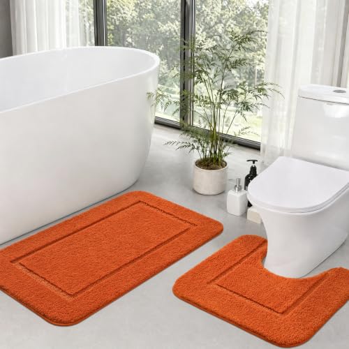 LOCHAS Bathroom Rug Set Orange, Soft Bath Rug Set 2 Piece Set, Toilet Mat U-Shaped 20x20 and 34x20 Bath Rugs, Quickly Dry Mats for Bathroom, Tub, Washable, Super Absorbent Floor Mat - color: Orange, size: 34" x 20" Plus 20" x 20" (U-Shape)