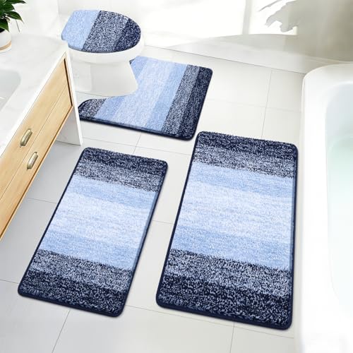 Bsmathom Bathroom Rugs Sets 4 Piece, Soft Absorbent Microfiber Bath Rugs with U-Shaped Contour Toilet Rug and Toilet Lid Cover, Thick Non-Slip Plush Shaggy Bath Mat Set,Navy Blue - color: Navy Blue, size: 18"x26"+20"x31"+U20"x24"+Cover19"x21"