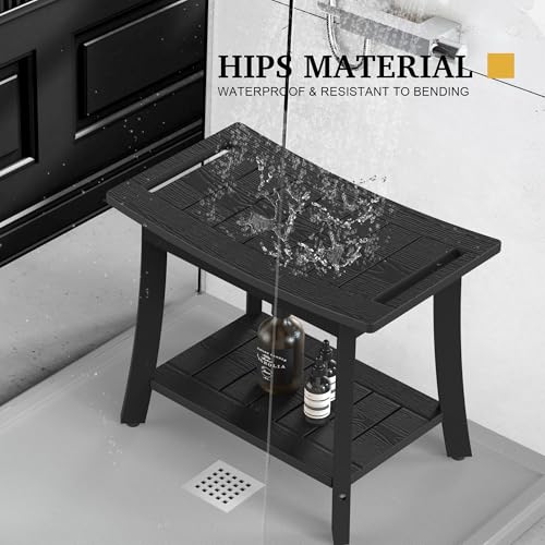 HIPS Shower Bench Inside Shower Stool with Storage Shelf, Waterproof Spa Bath Chair for Bathroom, Seat or Organizer for Living Room, Bedroom - Great for All Ages Unisex Elderly (Large, Black) - color: Black, size: Large 24x12x18 Inch