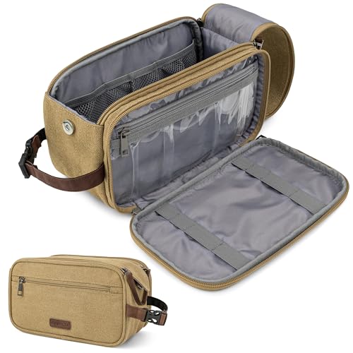 PAVILIA Toiletry Bag for Men, Canvas Dopp Kit, Travel Essentials Organizer, Water-Resistant Shaving, Grooming Kit, Large Hanging Bathroom Accessories Cosmetic Bag, Tan Khaki - color: Khaki, size: Large (10.5x 5.5x 6)