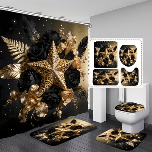 Black and Gold Shower Curtain Sets with Rugs, Luxury Leopard Star Floral Bathroom Decor, 4 Piece African Animal Print Bath Set with Non-Slip Rug, Toilet Lid Cover and Bath Mat, Waterproof Fabric - color: Black Gold Star