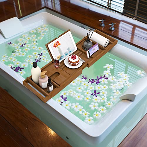 Bamboo Bathtub Tray for Luxury Bathroom, Expandable Premium Bath Tray with Soap Towel Book Holder, Luxury Spa Wooden Bath Table for Reading Laptop Over The Clawfoot Walnut - color: Walnut