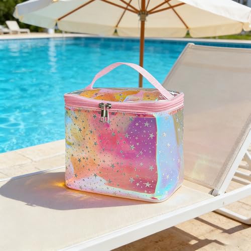Holographic Star Print Pink Makeup Bag - Portable & Waterproof Barrel-Shaped Toiletry Bag, 8.27x6.7x6.3in Cosmetic Case for Women & Men (Red Star) - color: Holographic pink
