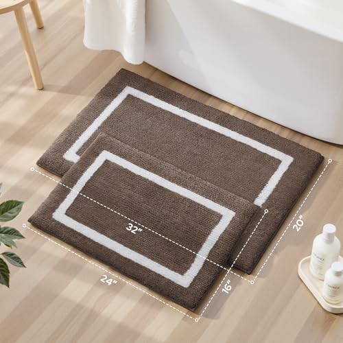 HOMEIDEAS Brown Bathroom Rugs, 2 Piece Super Soft and Absorbent Microfiber Tufted Bath Mats, Non-Slip and Machine Washable Bath Rugs - color: Brown
