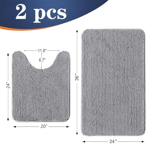 OLANLY Bathroom Rugs Sets 2 Piece, Soft Absorbent Chenille Bath Mats and U-Shaped Contour Toilet Rug, Non-Slip, Machine Washable Bath Carpet, Home Decor Accessories(36"x24"+24"x20", Grey) - color: Grey, size: 36" X 24" + U24" X 20"