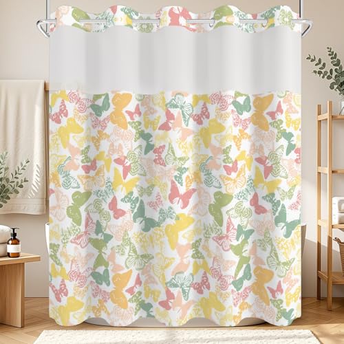 Butterfly No Hook Shower Curtain with Snap in Liner Set 71x74 in | Boho Modern Abstract Pastel Colorful Cute Butterfly Girly Shower Curtain for College Dorm Hotel Apartment Bathroom Bathtub - color: Boho Butterfly