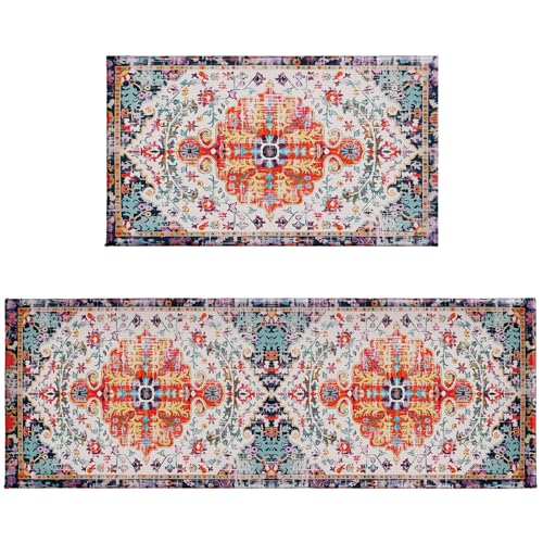 Boho Kitchen Mat Set 2 PCS Vintage Ethnic Pattern Runner Rug Non Slip 17"x47"+17"x30", Distress Print Bohemian Floral Washable Absorbent Kitchen Rugs for Floor Bathroom Laundry Decor - color: Boho Vintage