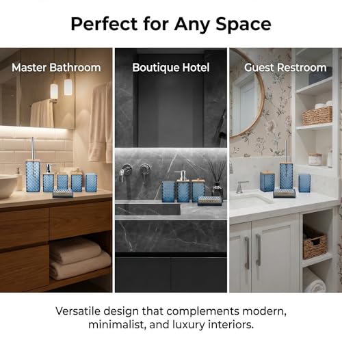 Blue Bathroom Accessory Set, 6 PCS Blue Bathroom Accessories Set, Soap Dispenser, Toothbrush Holder, Soap Dish, Mouthwash Cup, Cotton Swab Holder and Toilet Brush, Acrylic - color: Blue
