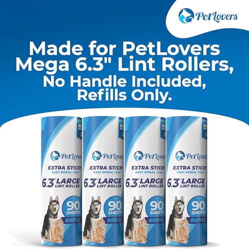PetLovers 6.3" Extra Sticky Lint Roller 4 Pack of Large Refills Only - No Handle Included - 90 Sheets Per Refill 360 Sheets Total 4 Pack - size: 4 Pack Large Lint Roller Refills