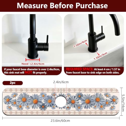 2 Pcs Kitchen Sink Splash Guard Faucet Mat Vintage Daisies Pattern Faucet Mat for Sinks Absorbing Drying Mats for Kitchen Bathroom - color: Daisies Pattern