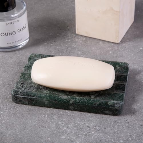 2PCS Koville Indian Natural Green Marble Soap Dish for Shower, Stone Soap Tray for Bathroom, Marble Bar Soap Holder for Sink, Stripe Grooves Soap Saver Sponge Holder - color: Verde Alpi