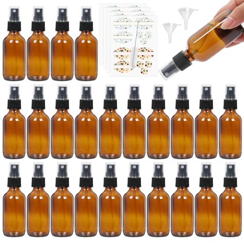 STARSIDE 24-Pack 2oz Amber Glass Spray Bottles with Fine Mist Sprayer | 60ml Glass Travel Bottles for Essential Oils, Cleaning Solutions, Perfumes & Liquids, Sample; Includes Funnels, Labels, Brush - size: M