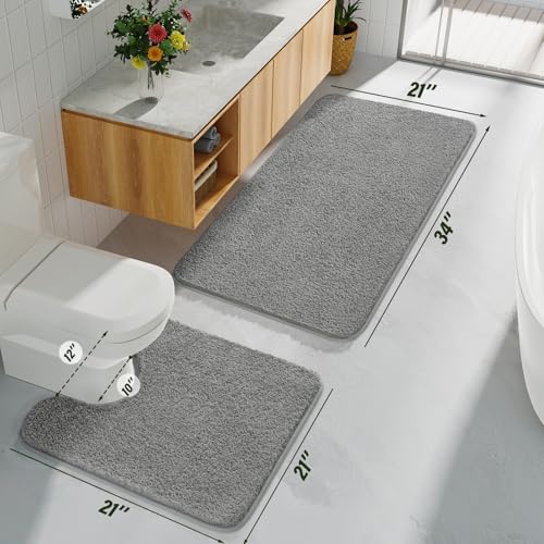 HOMORE Bathroom Rug Set 2 Piece,Soft Absorbent Bath Mats Set,Machine Washable Gray Bath Rug Sets for Bathroom Non Slip,(21"x34"+21"x21") Plush Shaggy U Shape Contour Toilet - color: Grey