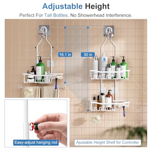 Upgraded Extended Length Shower Organizer with Hooks, Rustproof Shampoo Soap Holder, Large Hanging Bathroom Caddy, White - color: White - 2 Tier - Standard